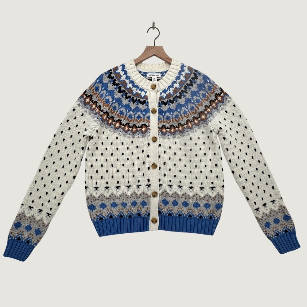 Lands' End Fair Isle Cotton Blend Button Front Cardigan Sweater Size M 10-12